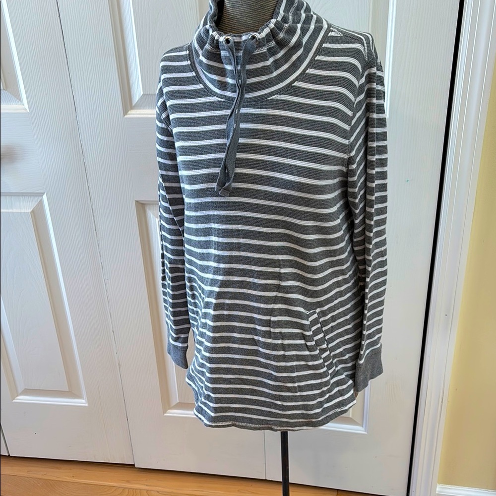 J Crew gray and white striped drawstring scuba waffle pullover sweatshirt